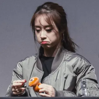 🥀 woman, pout, sad, asian, korean, bomber jacket, toy whatsapp sticker