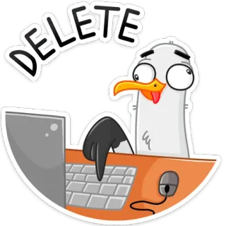 😵 DELETE apagar, gaivota, desenho animado, computador, pássaro, escritório, engraçado telegram sticker
