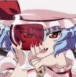 🥂 Remilia Scarlet Touhou Project Аниме, Вампир, Красные глаза, Пить, Бокал вина, Клыки, Персонаж telegram sticker