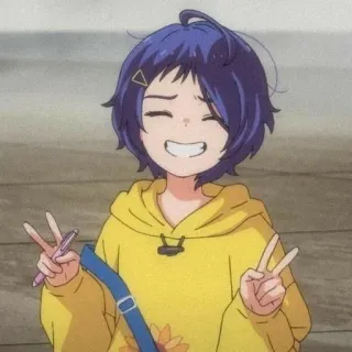 🥯 Anime, Desenho animado, Sinal de paz, Personagem, Garota, Feliz, Moletom amarelo telegram sticker