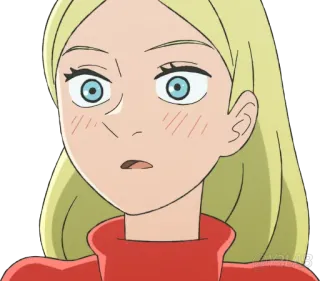 😳 Fille anime, Dessin animé, Cheveux blonds, Yeux bleus, Pull rouge, Mignon, Animation telegram sticker