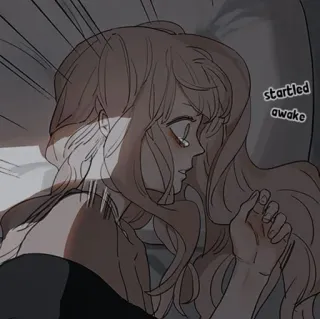 🍢 startled awake sad, crying, woman, illustration, cartoon, sleepy, bed telegram sticker