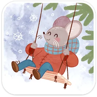 ❄️ mysz, huśtawka, zima, śnieg, kreskówka, uroczy, zwierzę, ilustracja telegram sticker