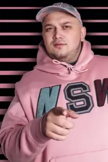 😉 NSW homem, moletom rosa, apontando, retrato telegram sticker