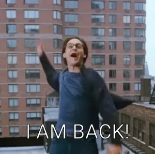 🤍 Peter Parker Spider-Man I AM BACK! tobey maguire, spider-man, peter parker, i am back, meme, happy, celebration, marvel telegram sticker