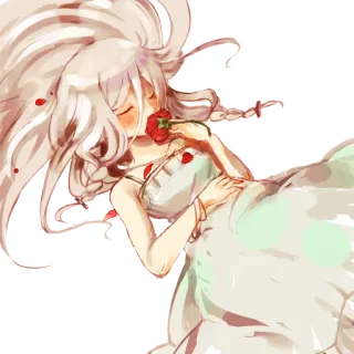 🌹 アニメガール, 眠い, 花, 白い髪, ドレス, 横たわる, アート telegram sticker