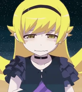 🥲 Shinobu Oshino Monogatari anime, llorando, triste, personaje, fanart, rubia, Monogatari whatsapp sticker
