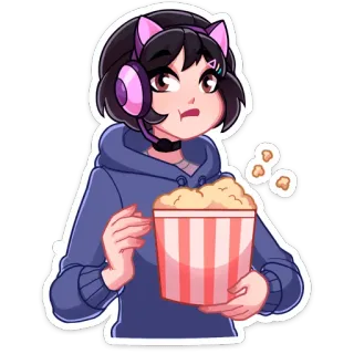 🍿 Gadis anime, Popcorn, Headphone, Telinga kucing, Imut, Kartun telegram sticker