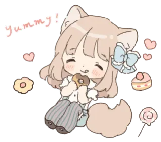 ❄️ yummy! lindo, kawaii, dona, postre, anime, comida, dulce, chica gato telegram sticker
