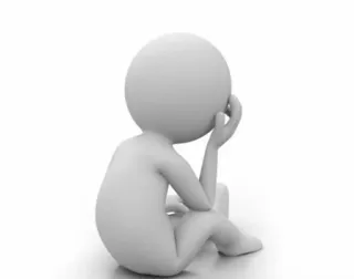 😟 stick figure, sitting, thinking, pondering, contemplative, white, 3D render telegram sticker