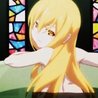 🧿 Anime Mädchen, blonde Haare, bernsteinfarbene Augen, Fenster, Charakter, Porträt telegram sticker