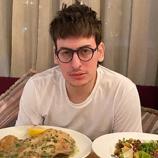 😐 homem, retrato, pessoa, refeição, comida, óculos, mesa telegram sticker