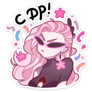 😎 CPP! personage, roze haar, confetti, anime stijl whatsapp sticker