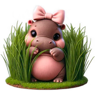 ☺️ hipopotam, słodki, zwierzę, kawaii, kreskówka, trawa, różowa kokarda telegram sticker