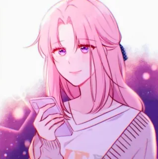 🎟 styl anime, różowe włosy, postać żeńska, fioletowe oczy, kreskówka, kobieta telegram sticker