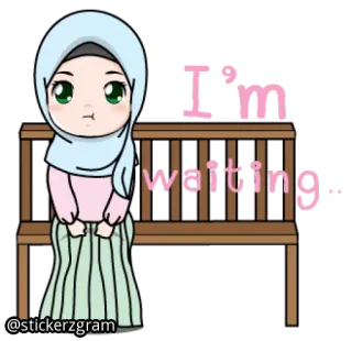 😏 I'm waiting... attesa, panchina, musulmano, hijab, ragazza, cartone animato whatsapp sticker