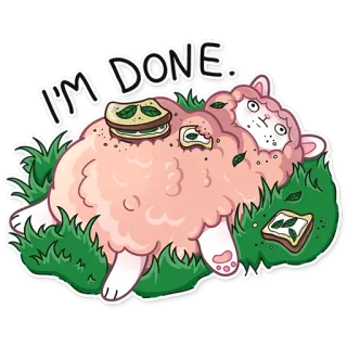 💀 I'M DONE. Schaf, erschöpft, fertig, müde, Essen, Sandwich, Cartoon, Tier whatsapp sticker