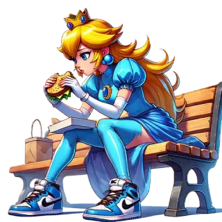 🙁 Princess Peach Super Mario 桃花公主, 超级马里奥, 卡通, 动画, 女孩, 吃东西, 长椅 telegram sticker