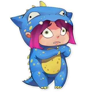 😨 dinosaure, costume, dessin animé, fille, mignon, autocollant, personnage whatsapp sticker