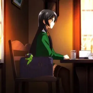 🍀 Anime, Schoolmeisje, Zittend, Café, Binnen telegram sticker