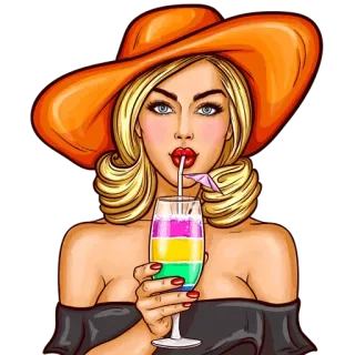 🍹 Frau, Cocktail, Getränk, Hut, Pop Art, Illustration telegram sticker