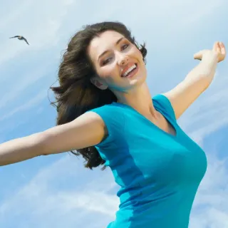 😝 woman, sky, blue, happy, freedom, outdoors telegram sticker