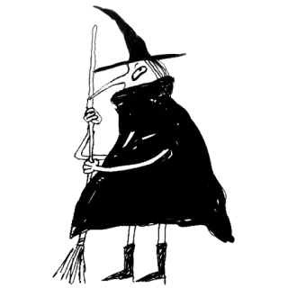 😶 bruxa, magia, vassoura, capa, chapéu, preto e branco, ilustração telegram sticker