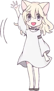 ✌️ anime girl, cat ears, cute, kawaii, cartoon, white dress, waving, manga telegram sticker