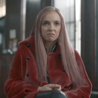 🌙 Villanelle Killing Eve villanelle, killing eve, jodie comer, pinke haare, roter mantel, traurig telegram sticker