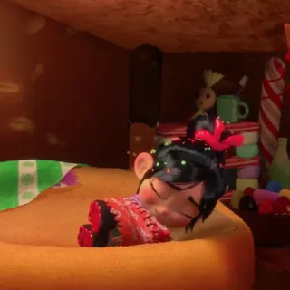 👾 Vanellope von Schweetz Wreck-It Ralph Vanellope, schlafend, Cartoon, süß, Süßigkeiten, träumen whatsapp sticker