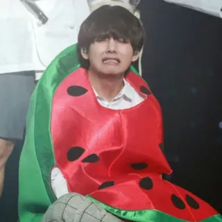 ☘ V V, BTS, K-Pop, kostum semangka, penyanyi, idola whatsapp sticker