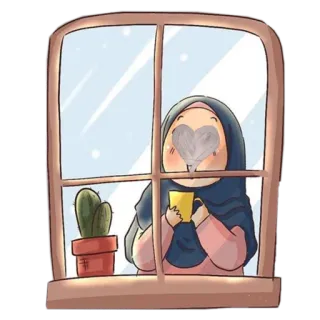 🌵 woman, hijab, window, coffee, cactus, heart, girl, muslim telegram sticker
