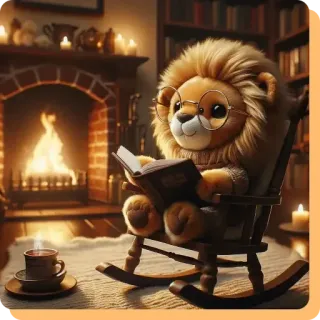 🤷‍♀️ lew, czytanie, przytulny, kominek, okulary, książka, fotel bujany whatsapp sticker