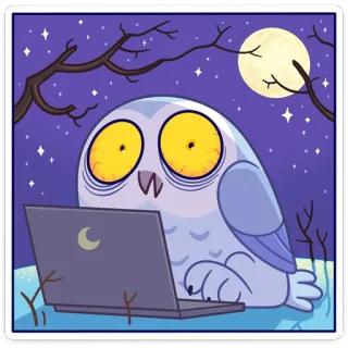 😳 búho, portátil, noche, dibujos animados, cansado, luna whatsapp sticker