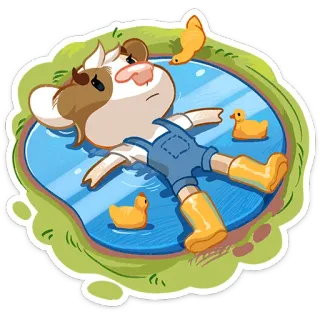⭐ 소, 오리, 연못, 휴식, 만화, 동물 telegram sticker