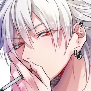 🚬 anime, cigarrillo, fumando, pelo blanco, pendientes, arte digital telegram sticker