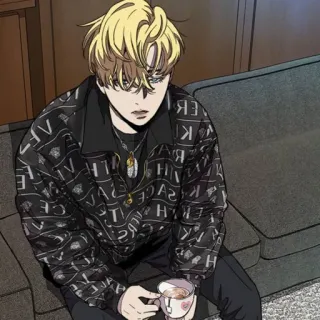 🇨🇰 Anime, Pelo rubio, Hombre, Chaqueta, Sentado, Webtoon whatsapp sticker