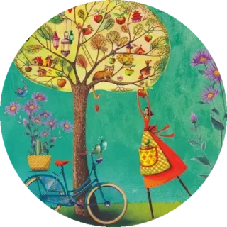 😧 Baum, Frau, Fahrrad, Natur, Blumen, Kunst telegram sticker