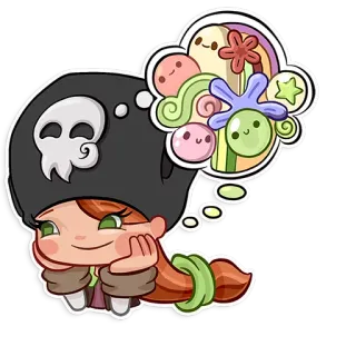 😊 pirat, mädchen, traum, cartoon, niedlich, schädel, denkblase whatsapp sticker