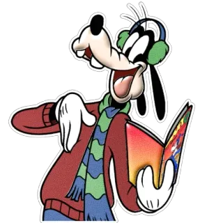 🎄 Goofy Гуфи, Дисней, мультяшный персонаж, шарф, наушники, красный свитер, белые перчатки, чтение telegram sticker