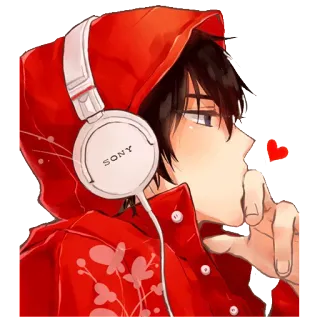 👍 Anime, Junge, Kopfhörer, Rot, Herz, Süß, Illustration whatsapp sticker