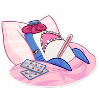 🤒 requin, malade, malade, médicament, thermomètre, lit, pilules, dessin animé telegram sticker