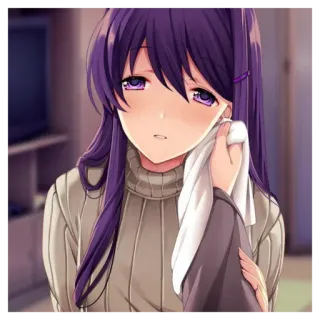 😍 Yuri Doki Doki Literature Club! Anime, Mädchen, Yuri, Doki Doki Literature Club, Traurig, Lila Haare, Pullover, Kawaii telegram sticker