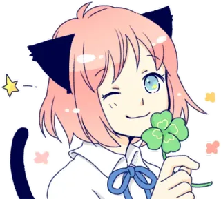 😉 anime, orelhas de gato, fofo, menina, trevo de quatro folhas, sorte telegram sticker
