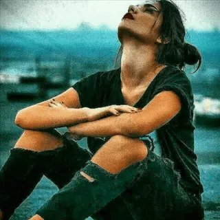 😪 Frau, sitzen, Pose, Porträt, Mädchen, Teenager, Jeans whatsapp sticker