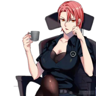 ☕️ anime girl, woman, officer, cup, red hair telegram sticker