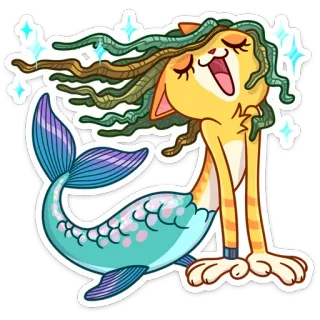 🧜‍♀ gato, sirena, espadaña, fantasía, animal, lindo, pegatina, dibujo animado whatsapp sticker