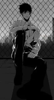 🌟 anime, manga, man, sitting, fence, black and white telegram sticker