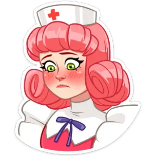 ☹️ enfermera, dibujos animados, médico, salud, mujer, chica, pelo rosa whatsapp sticker