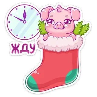 ⏰ ЖДУ cerdo, lindo, esperando, año nuevo, reloj, calcetín, fiesta telegram sticker
